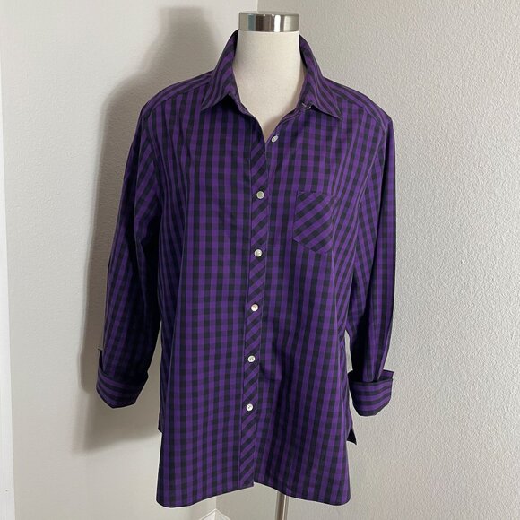 Foxcroft Womens Plus 18W Non Iron Purple Black Gingham Check Button Up Shirt Top - Picture 1 of 9